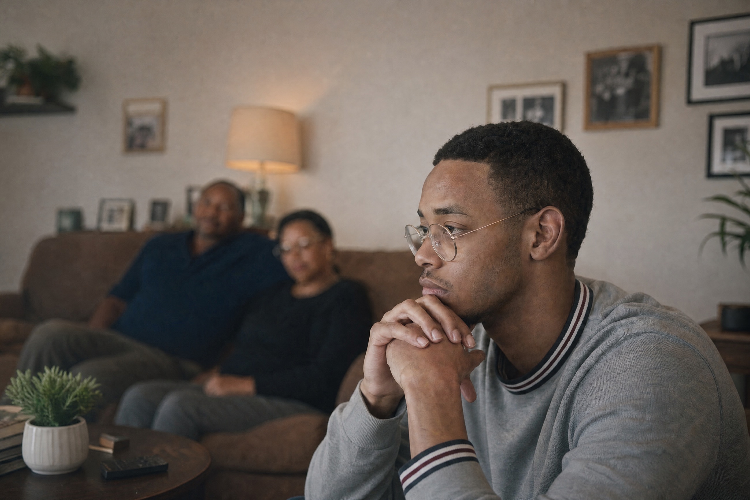 A young man sitting forward in the same room, hands clasped, his parents out of focus behind him