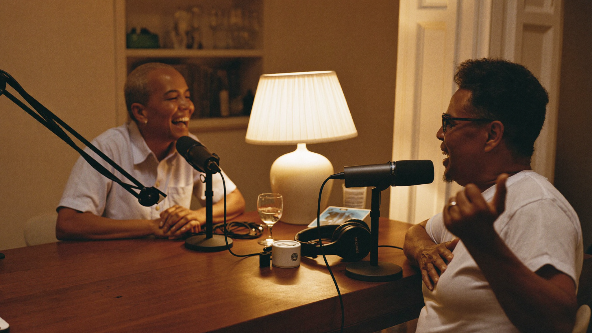 A warm podcast conversation across two microphones
