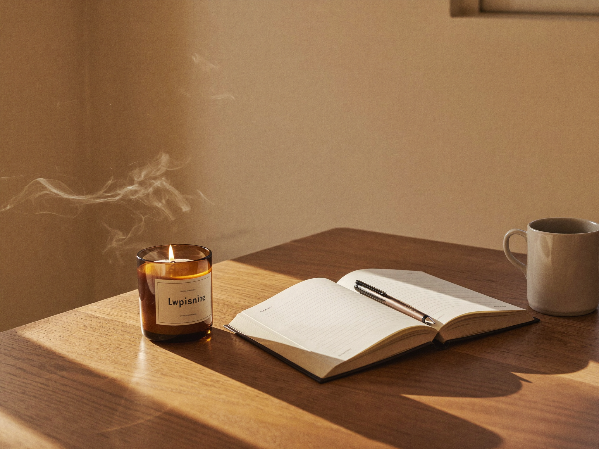 A lit intention candle beside an open journal